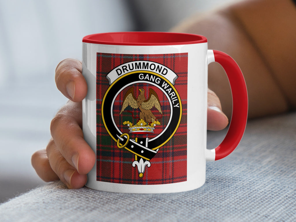 Drummond tartan crest mug with red handle and interior — 11oz ceramic