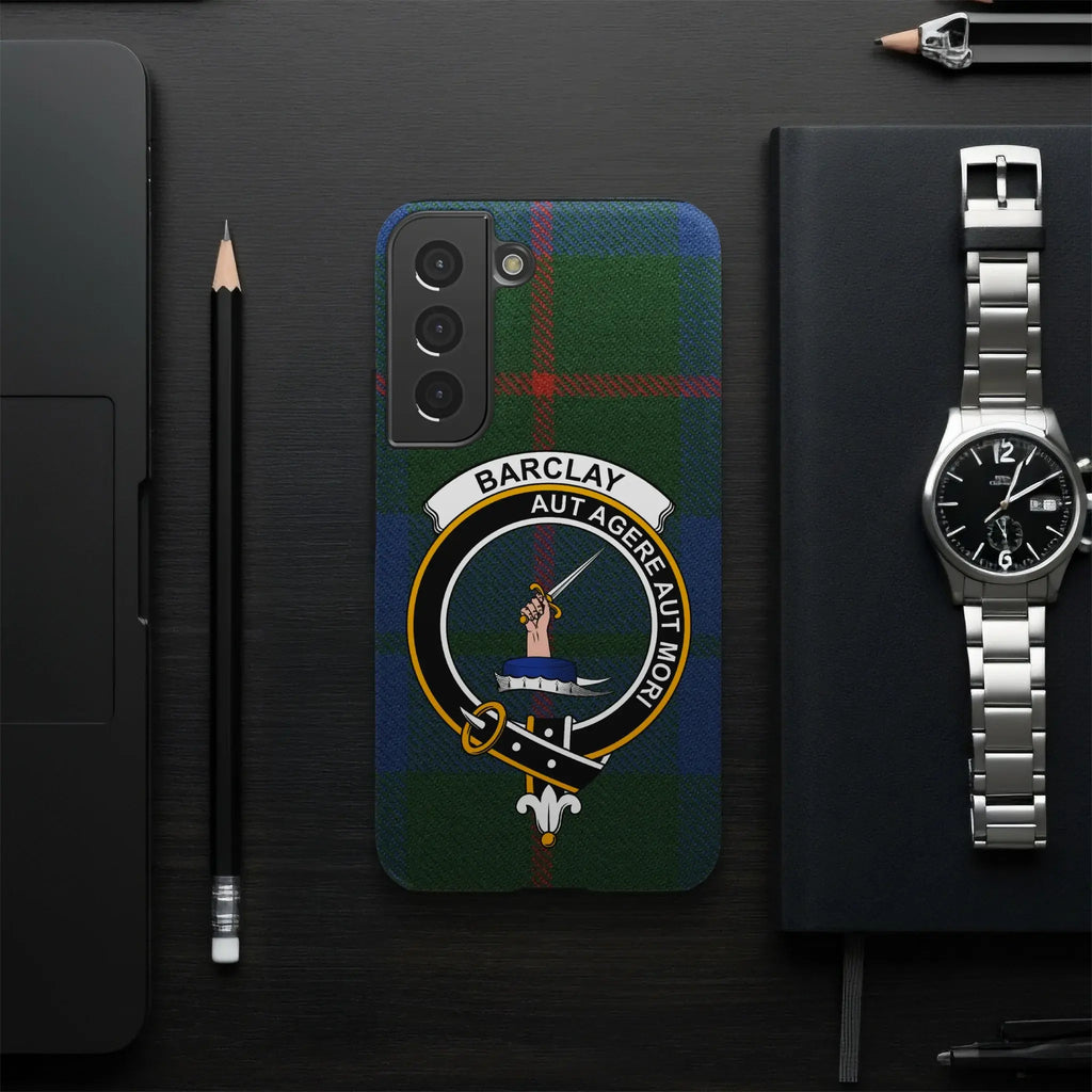Barclay tartan plaid phone case side view — clan crest and motto, edge-to-edge glossy wrap print