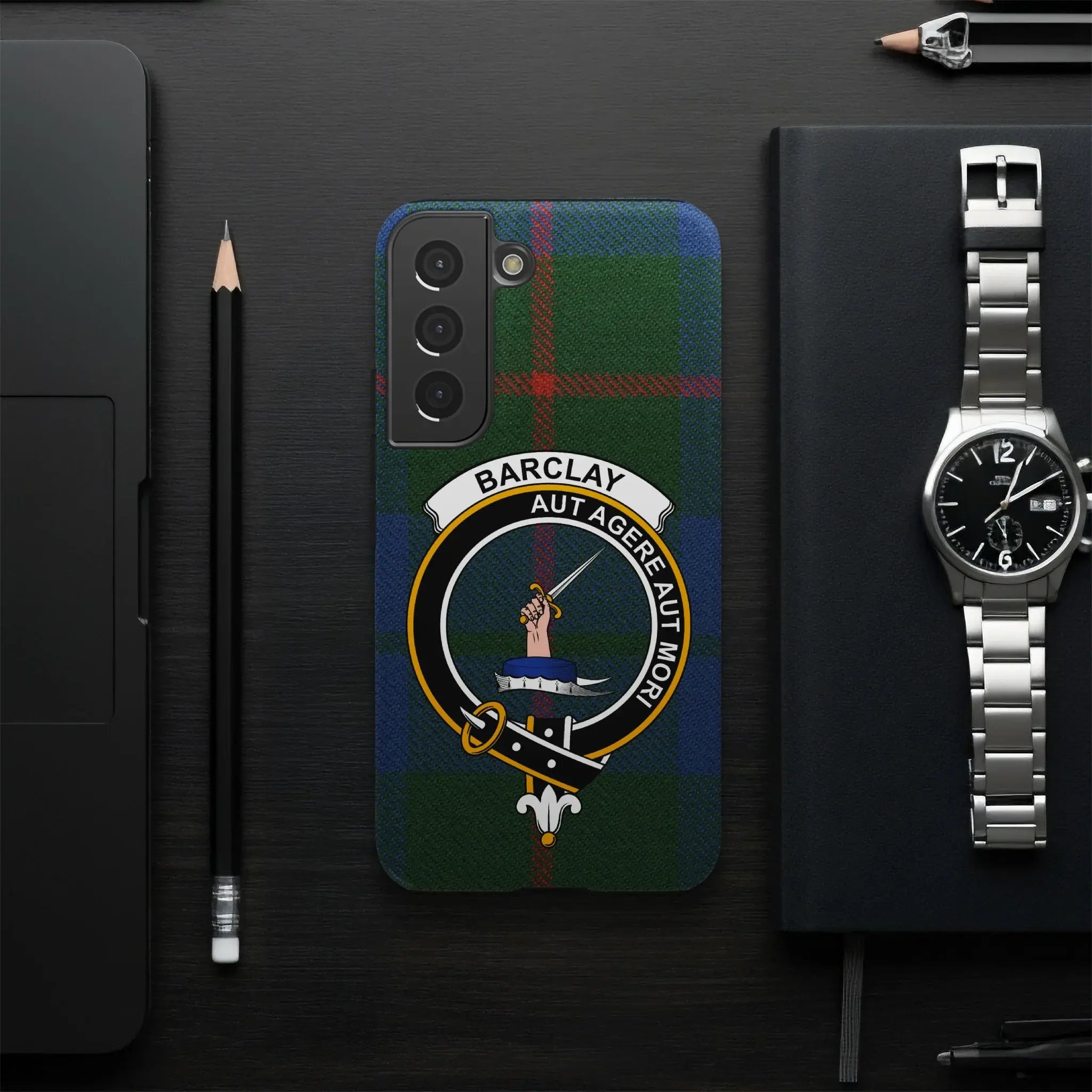 Barclay tartan plaid phone case side view — clan crest and motto, edge-to-edge glossy wrap print