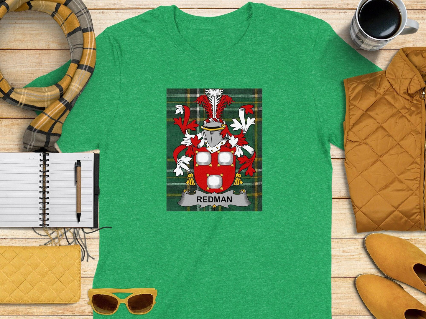 Redman Family Crest Irish National Tartan T-Shirt - Celtic Ancestry Gifts