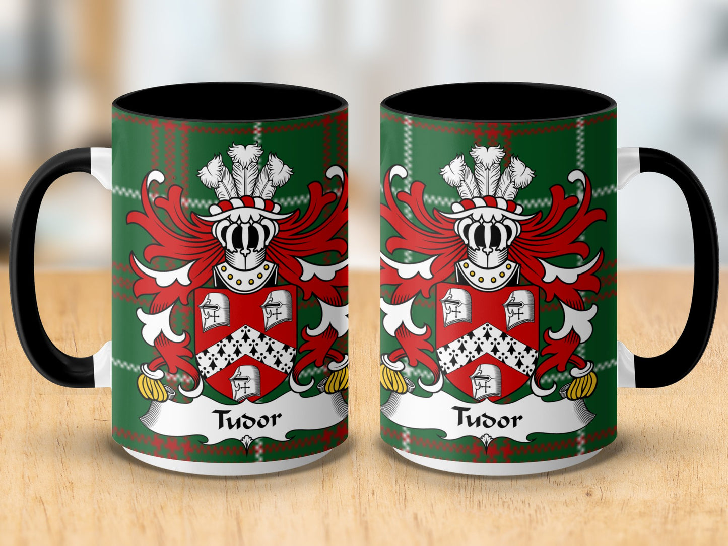 Tudor Coat of Arms on Welsh National Tartan Mug - Living Stone Gifts