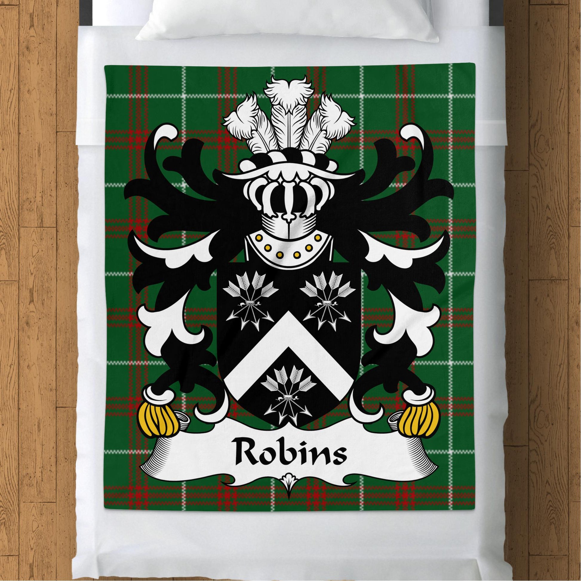 Robins Welsh Surname Coat of Arms on National Tartan Blanket - Living Stone Gifts