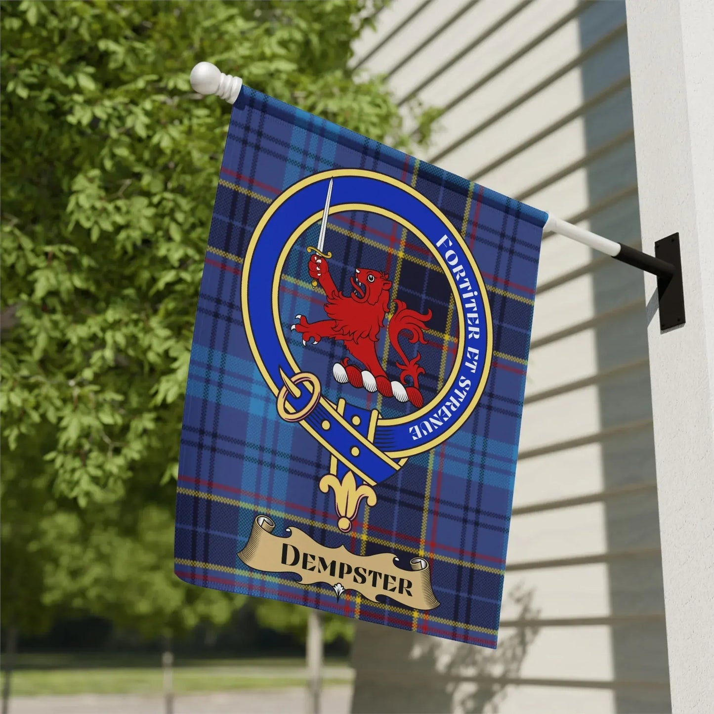 Dempster Family Crest with Plaid Design Flag product