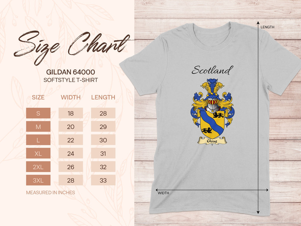 Gildan 64000 size chart for the Gloag unisex T-shirt, sizes S to 3XL