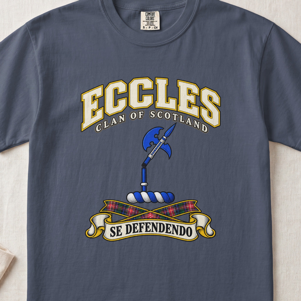 Eccles Scottish clan T-shirt in Midnight, front view with a blue halberd and motto design.