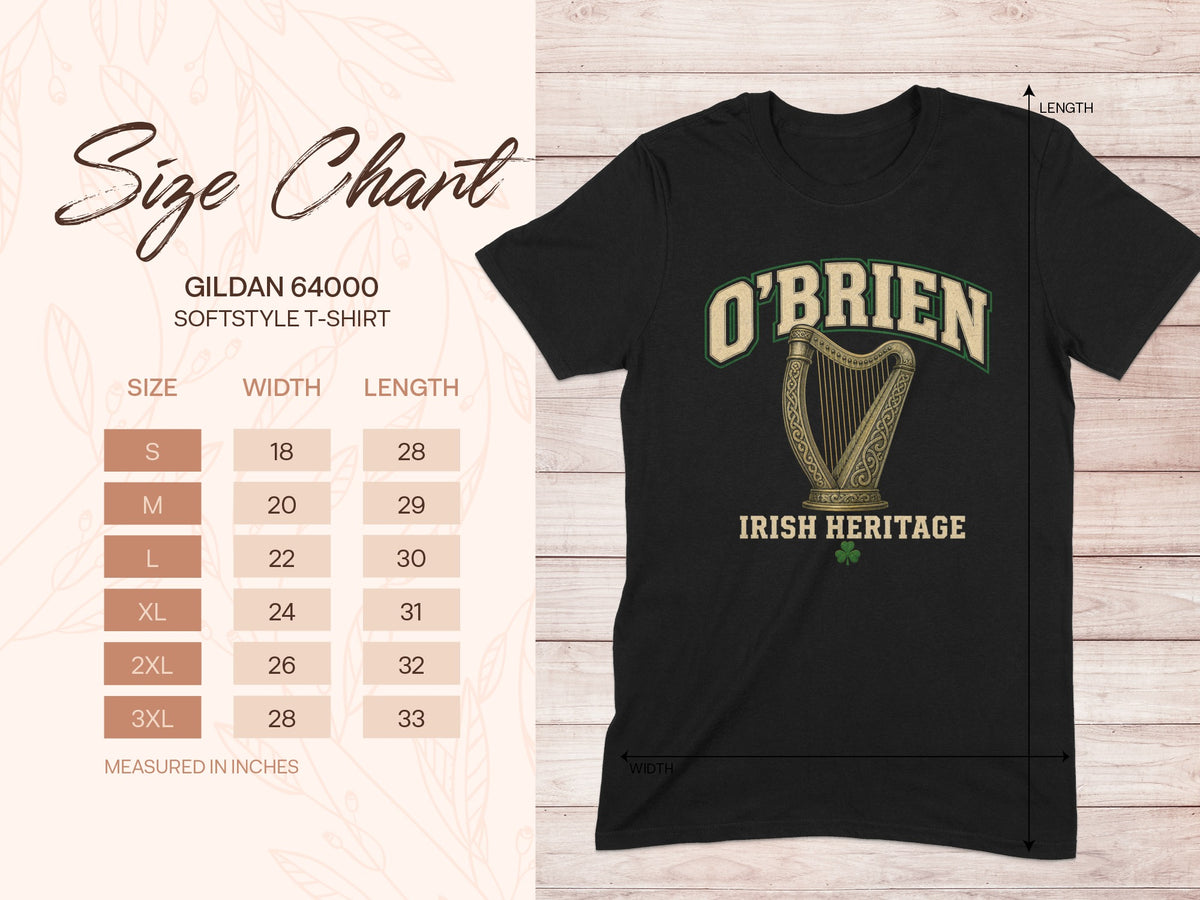 Gildan Softstyle 64000 size chart for the O'Brien Irish harp T-shirt, showing width and length measurements in inches.