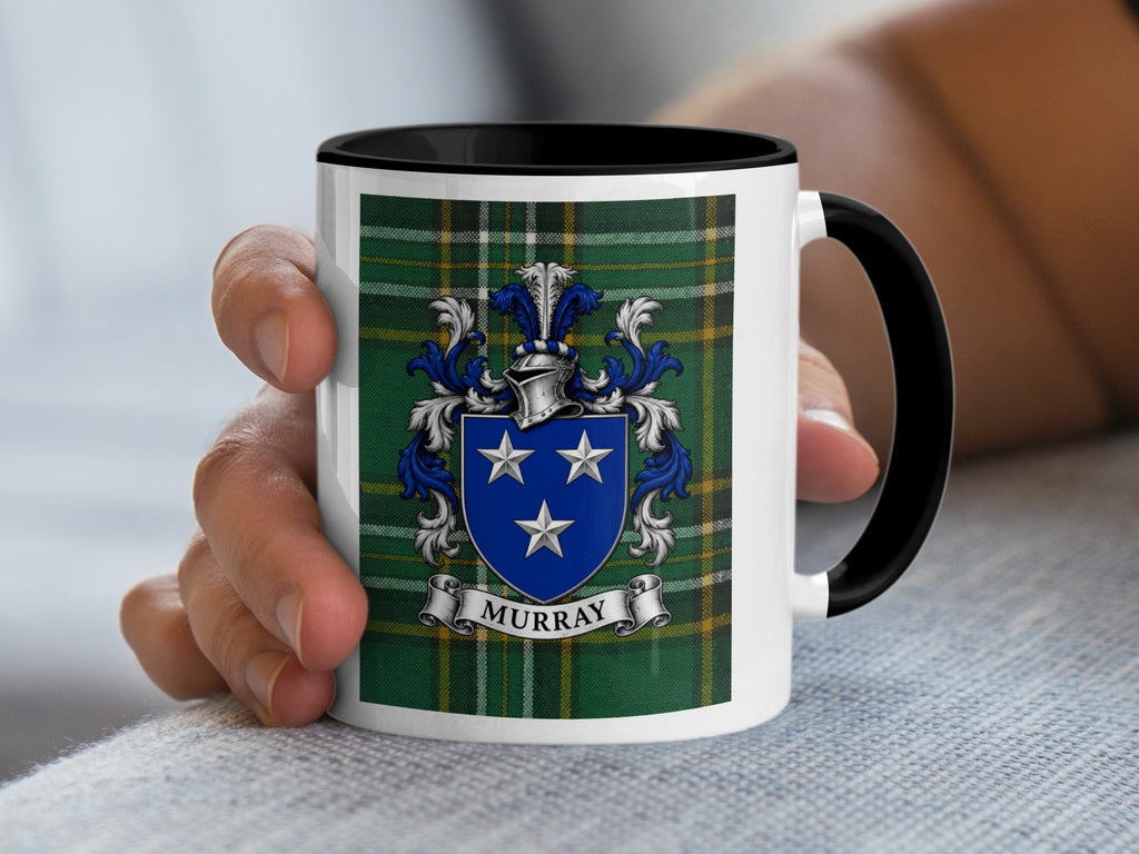Murray Irish family crest mug with black accents and Irish National Tartan, lifestyle view