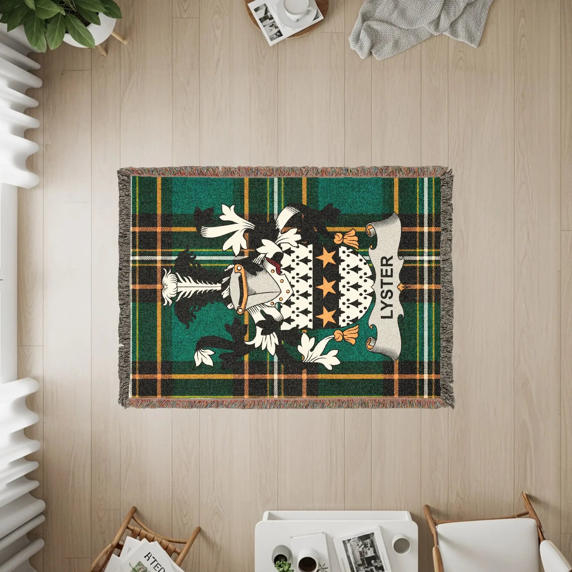Woven tapestry featuring the Lister family crest on a tartan background.