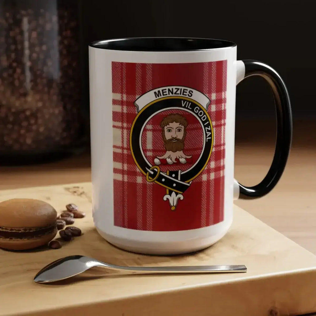 Menzies clan crest mug with navy handle — 15oz ceramic with red and white tartan design