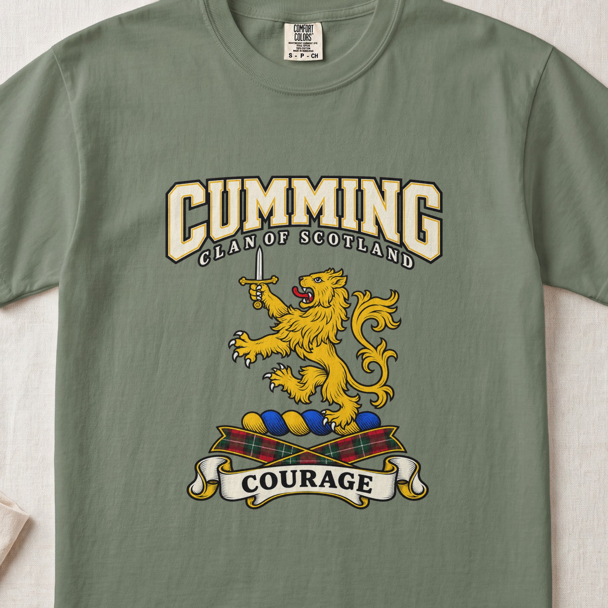 Cumming Scottish clan graphic T-shirt in Moss, front view