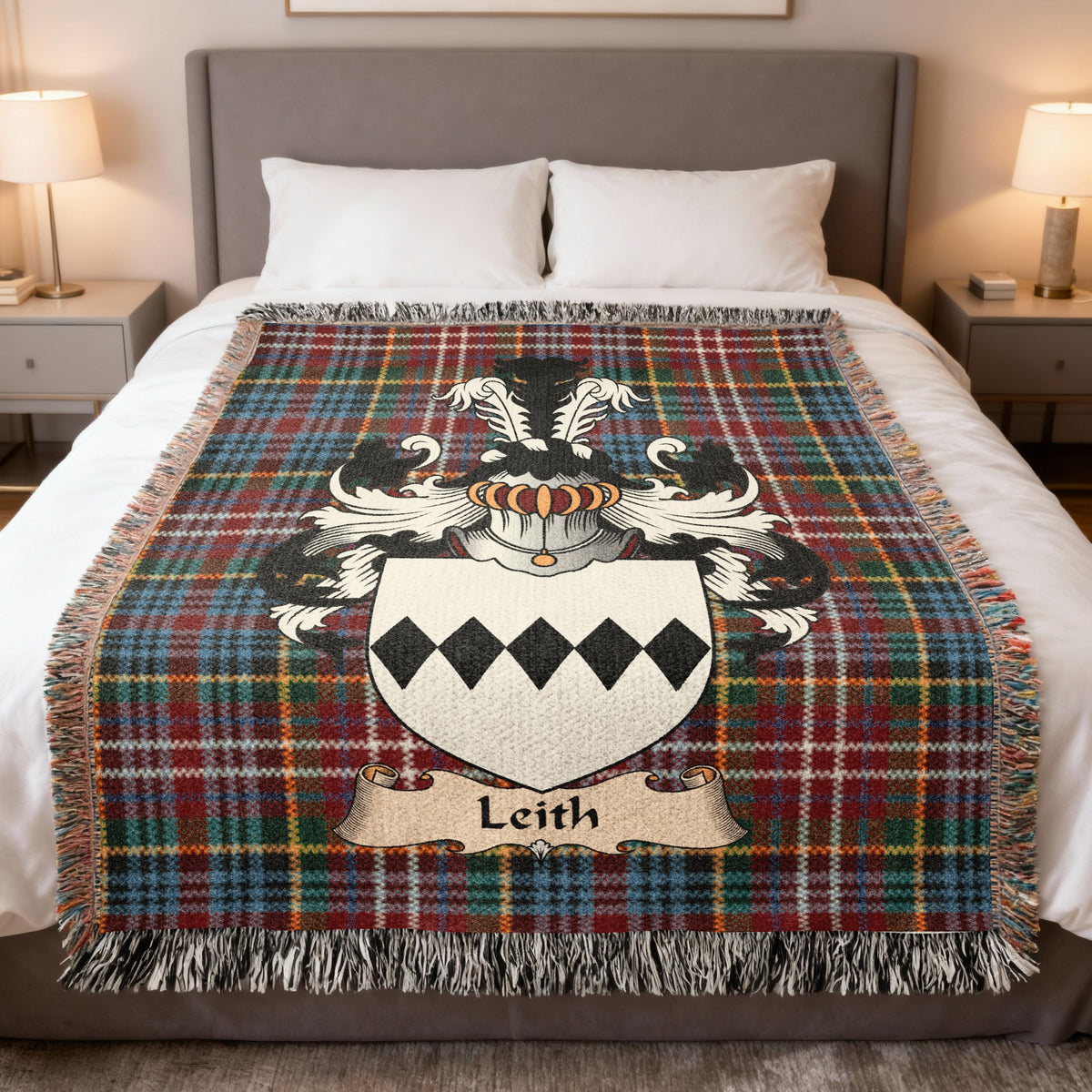 Leith Caledonia tartan heritage woven throw blanket with family shield