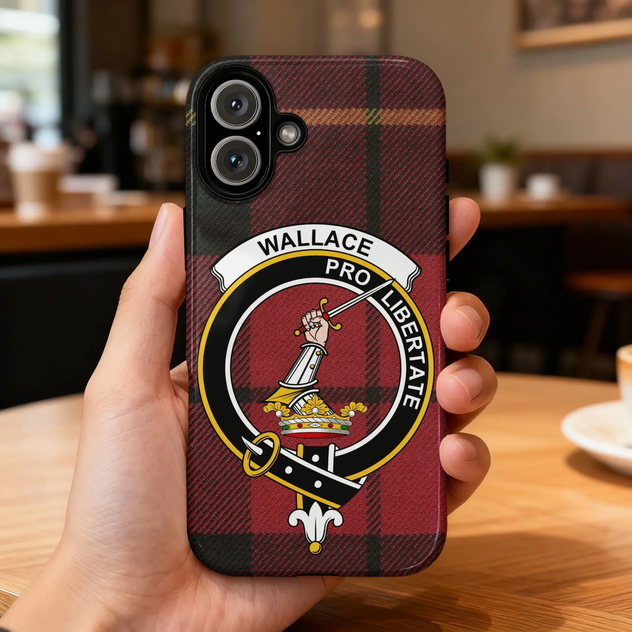 Wallace pro libertate tartan pattern phone case — slim impact-resistant, Google Pixel shown