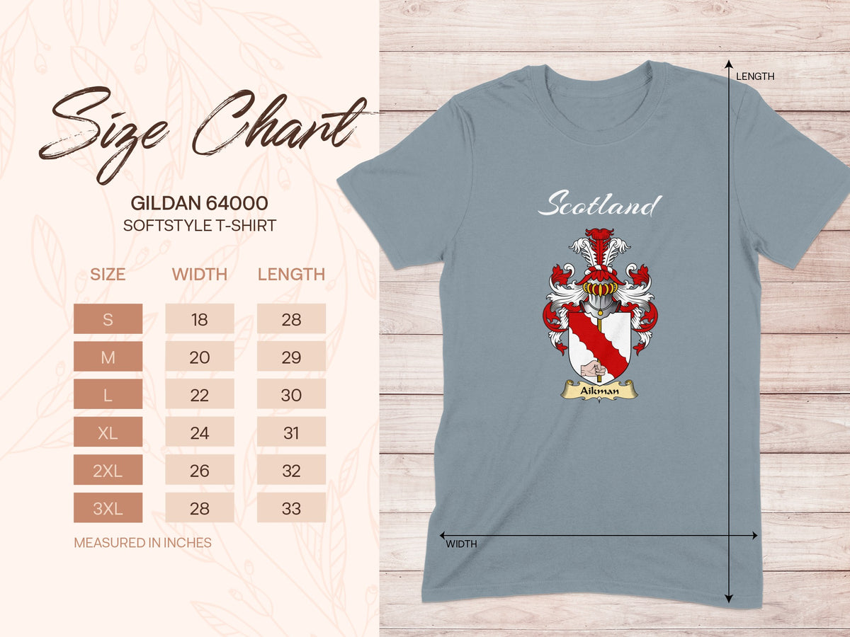 Gildan 64000 size chart for Aikman Scottish family shield T-shirt