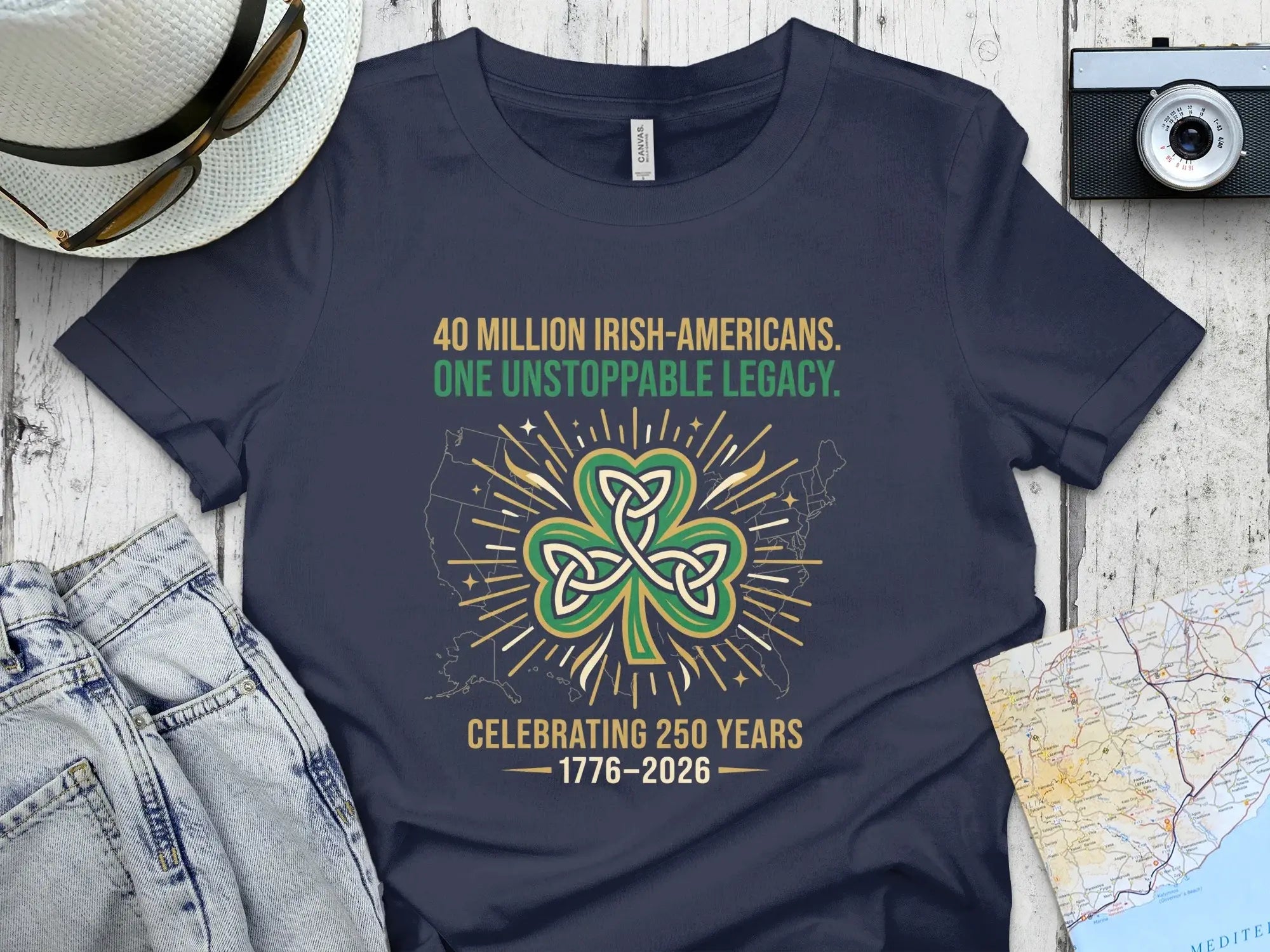 Navy t-shirt with Irish shamrock design and text celebrating 250 years.