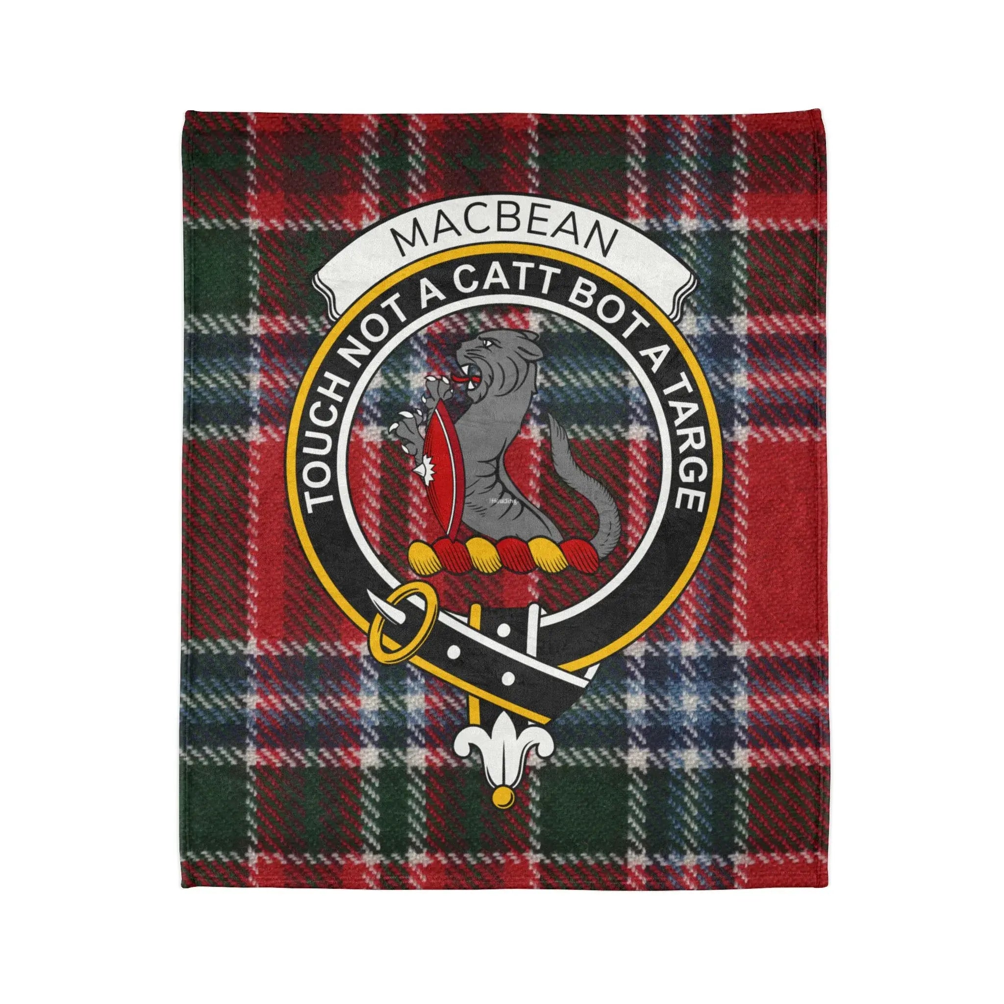 Macbean tartan blanket with clan crest and motto "Touch not a catt bot a targe".