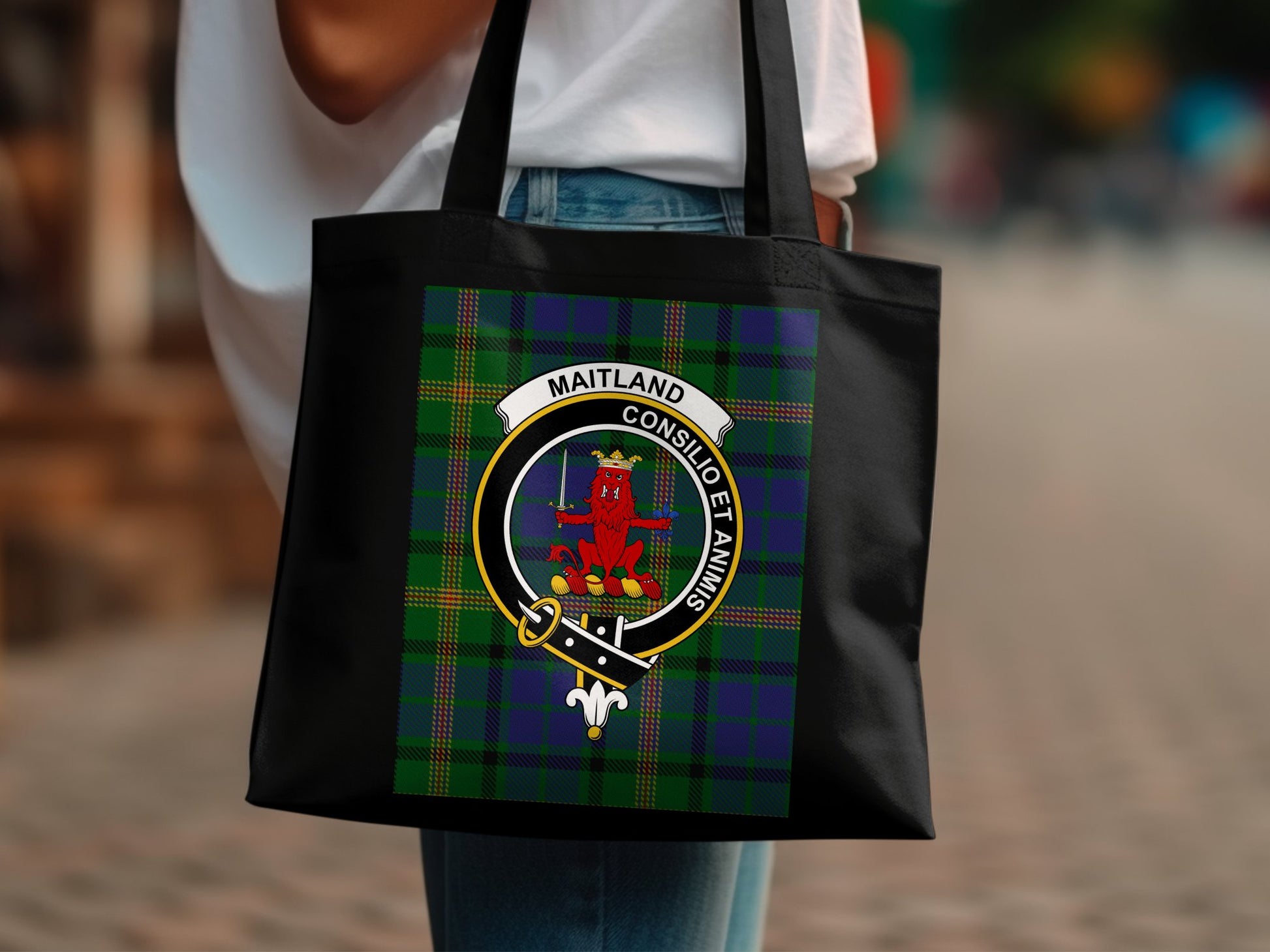 Scottish Clan Crest on Tartan Background Tote Bag - Living Stone Gifts