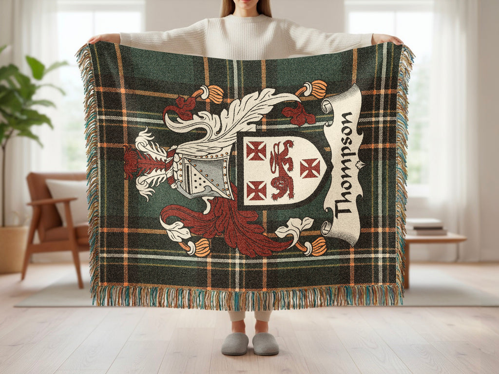 Thompson family shield emblem woven throw with fringed edges