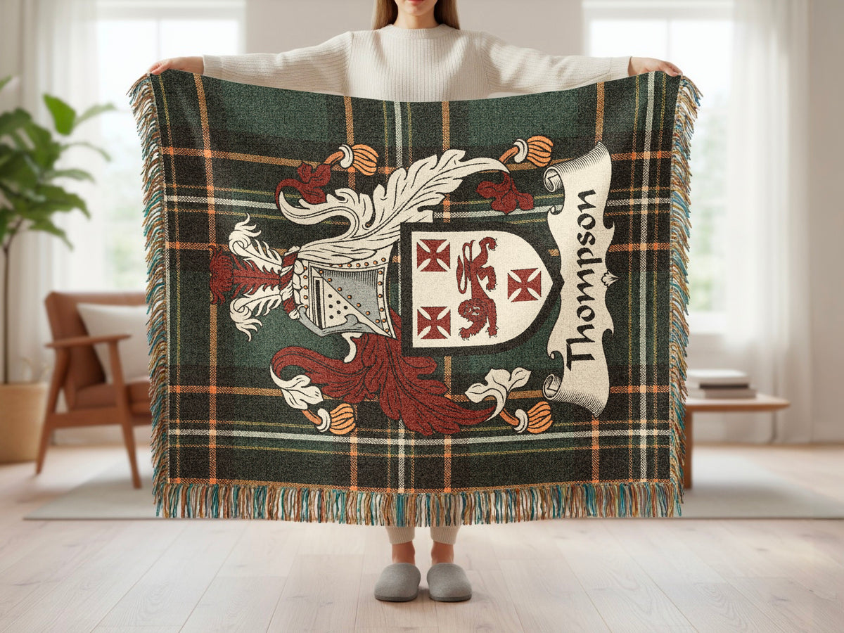 Thompson family shield emblem woven throw with fringed edges