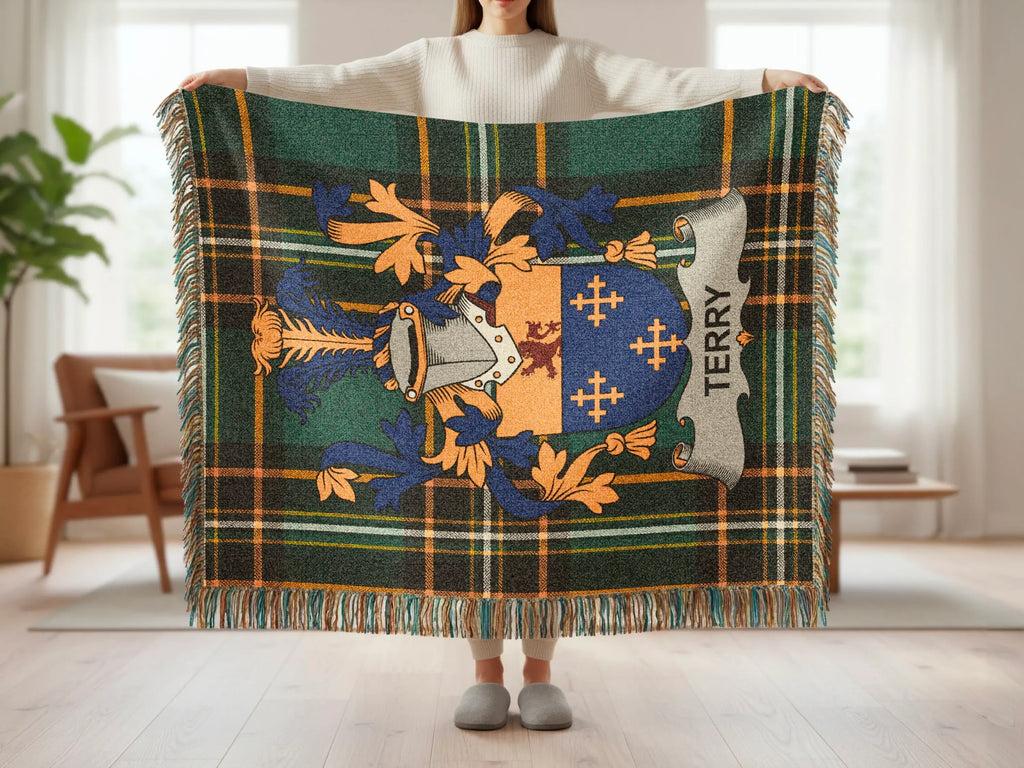 Tartan blanket with family crest and the name TERRY.