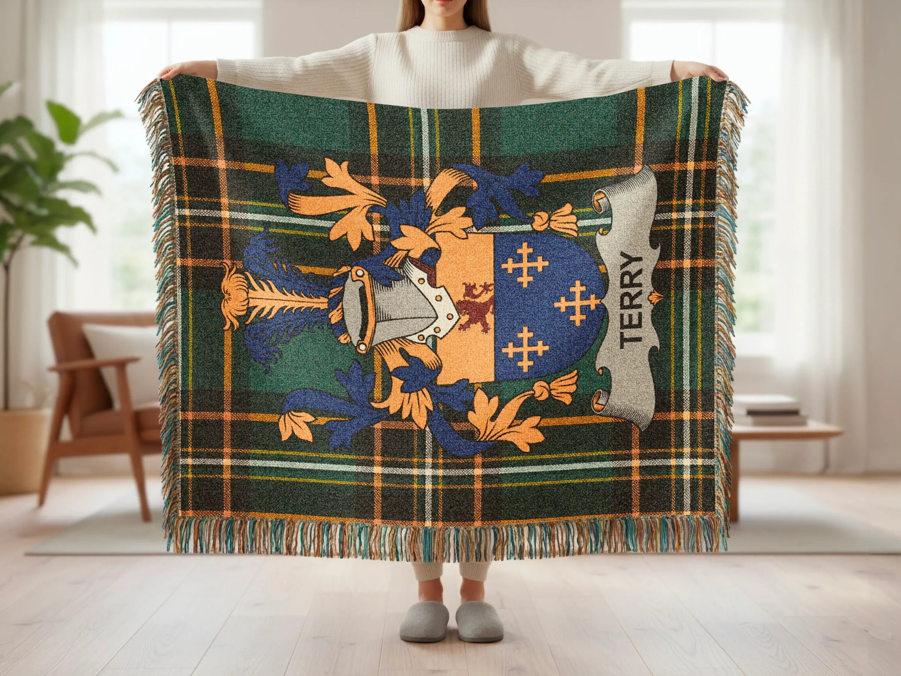 Tartan blanket with family crest and the name TERRY.