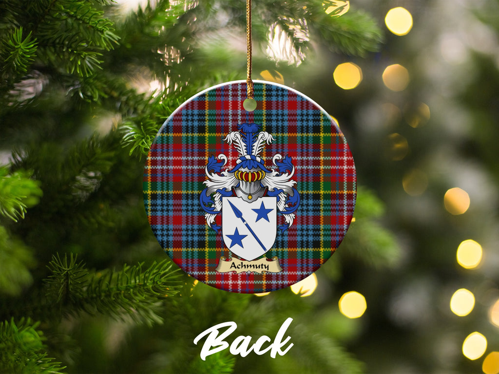 Double-sided Achmuty ceramic ornament with family shield and Caledonia tartan background