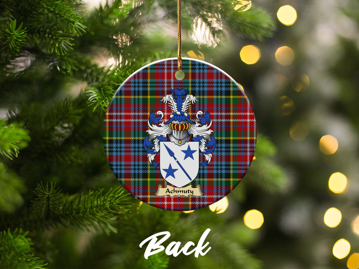 Double-sided Achmuty ceramic ornament with family shield and Caledonia tartan background