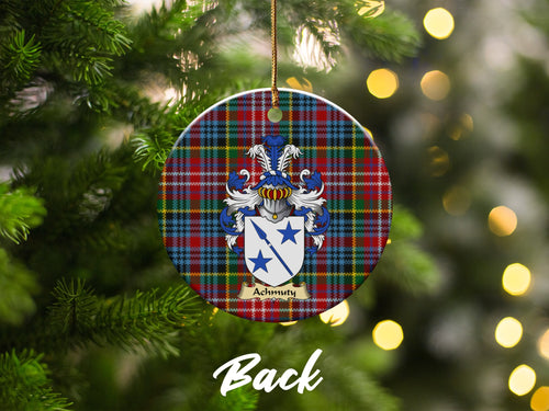 Double-sided Achmuty ceramic ornament with family shield and Caledonia tartan background
