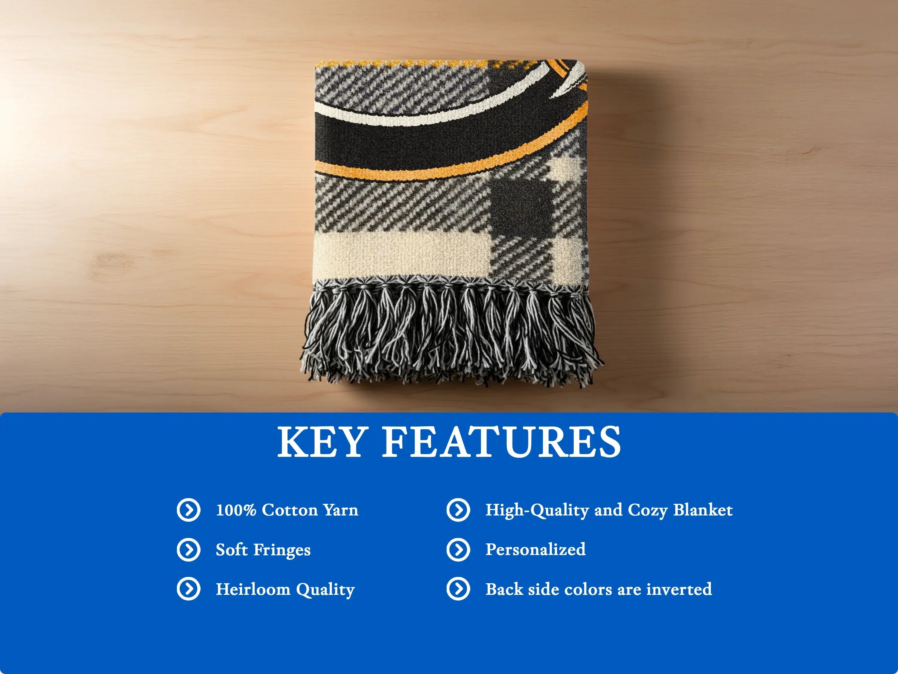 Hannay clan crest woven blanket — fringe edge detail on heirloom-quality woven cotton throw