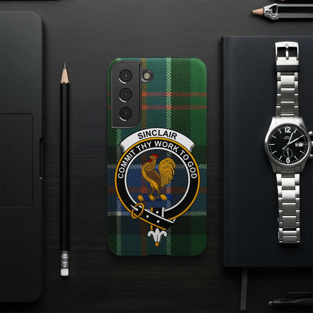 Sinclair clan tartan phone case with rooster crest — red plaid, Samsung variant