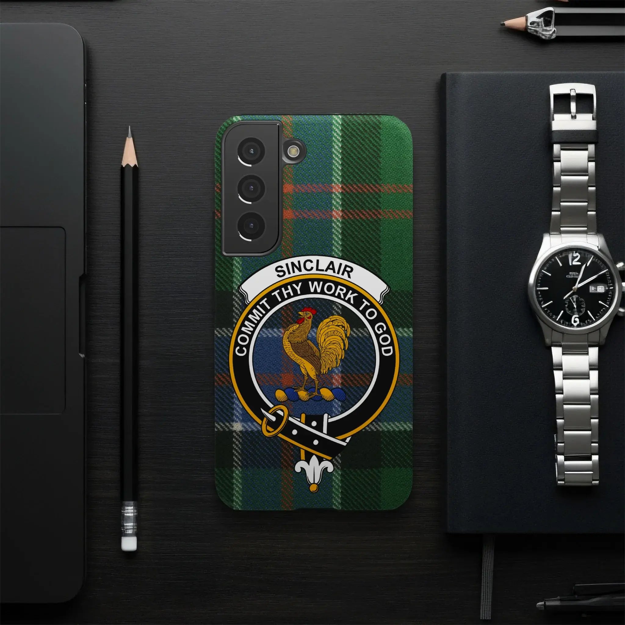 Sinclair clan tartan phone case with rooster crest — red plaid, Samsung variant