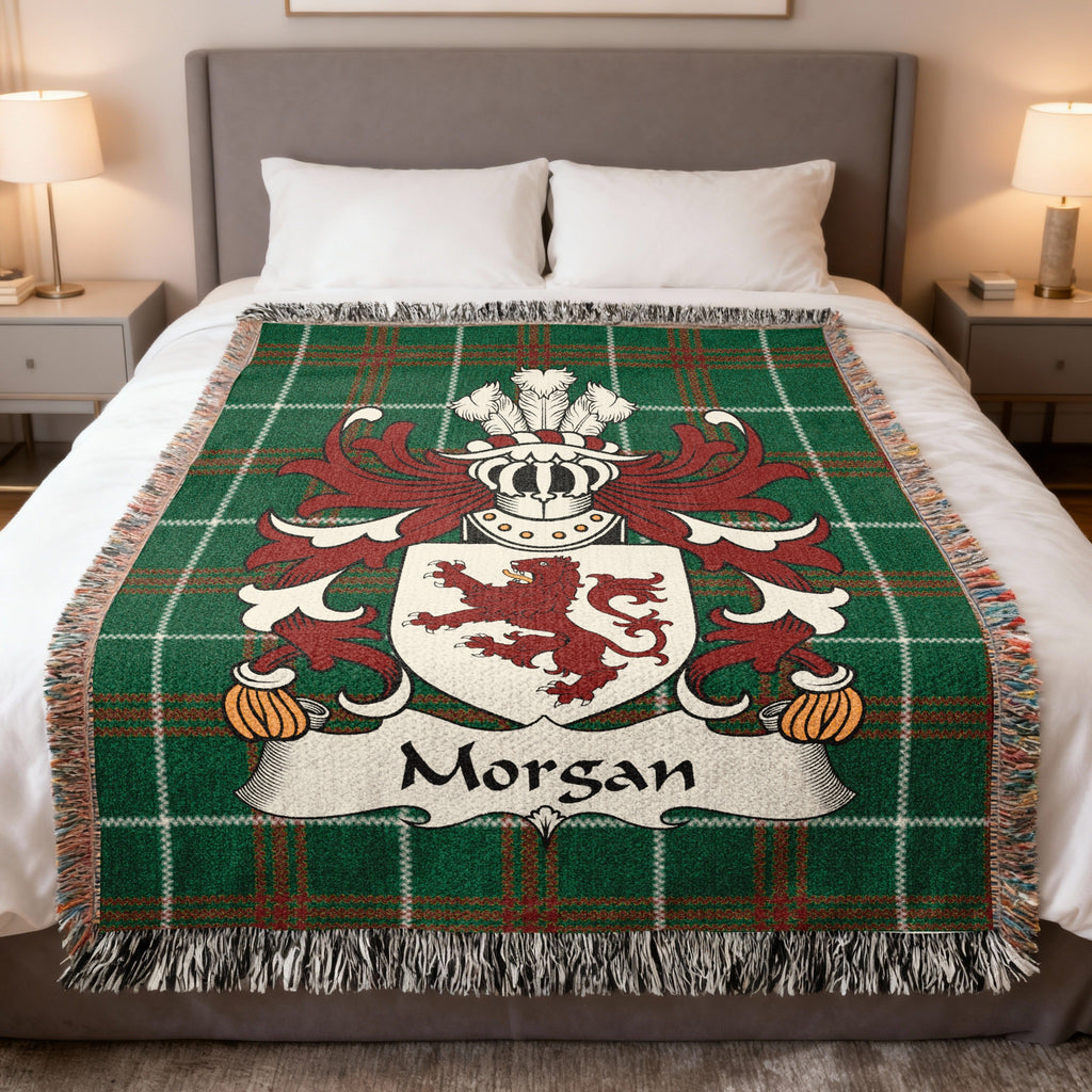 Morgan Welsh crest woven blanket on Welsh national tartan