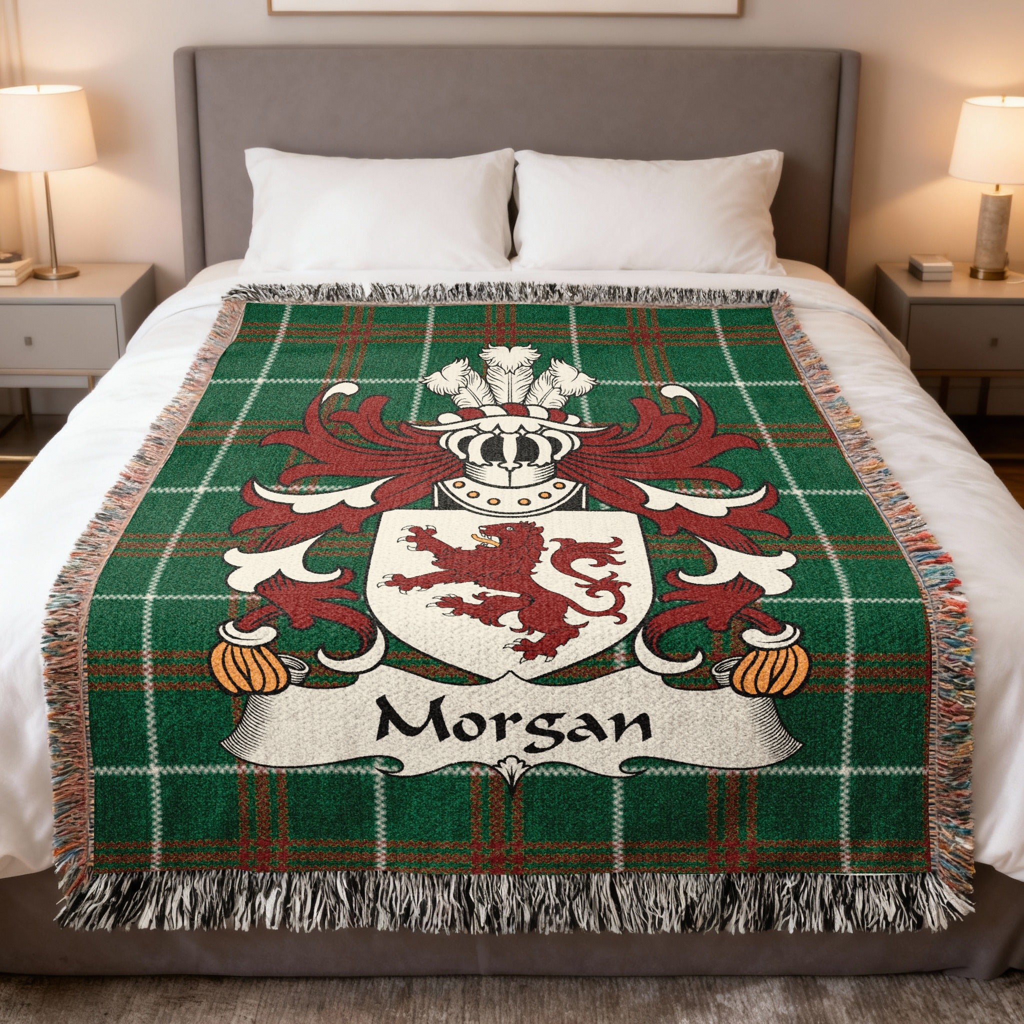 Morgan Welsh crest woven blanket on Welsh national tartan