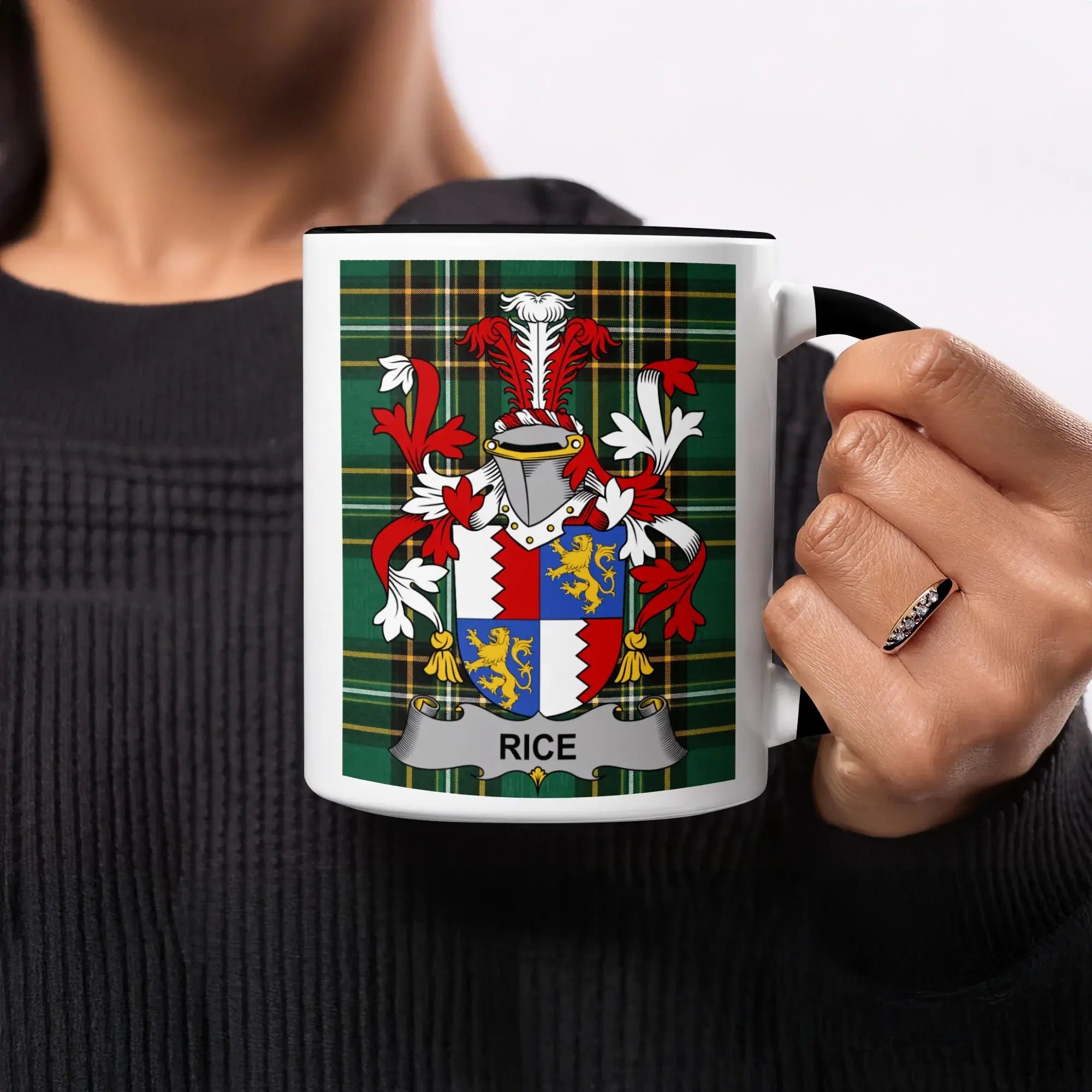 Rice black accent mug with Irish National Tartan crest design