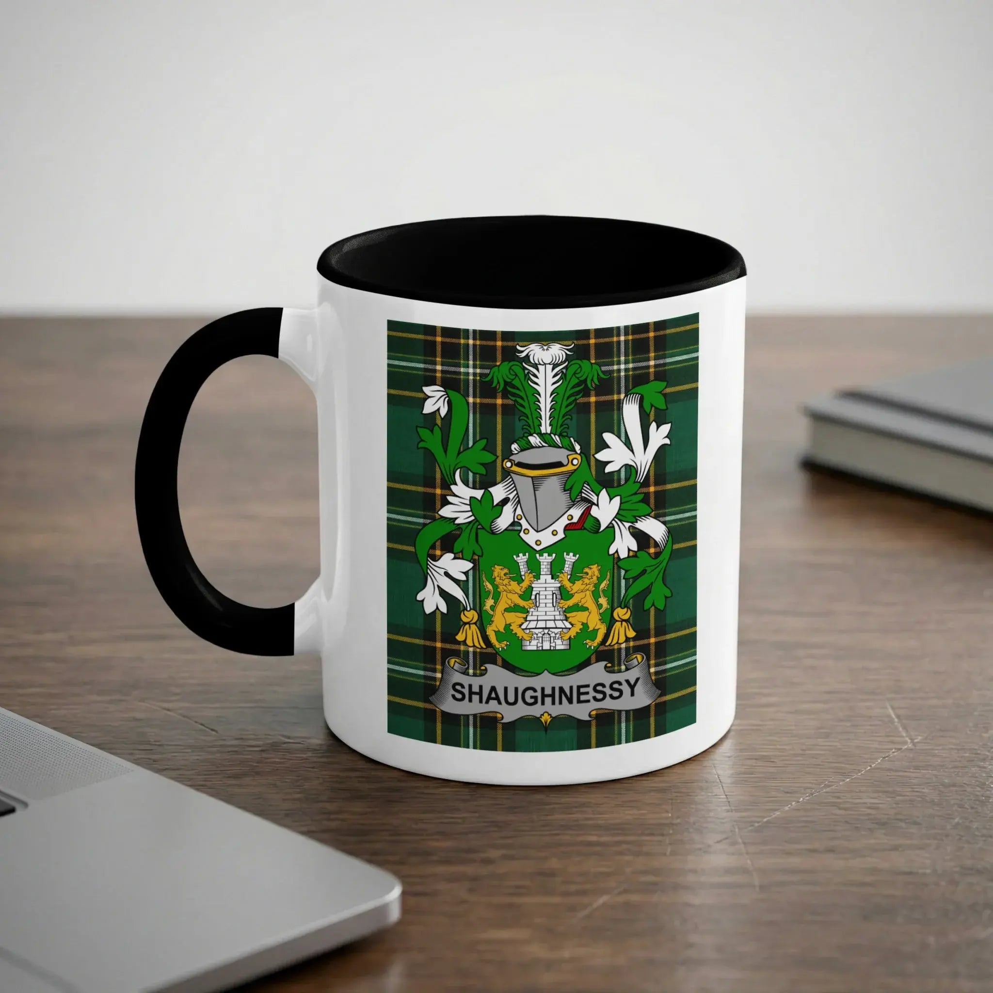 Shaughnessy black accent mug with Irish National Tartan crest design