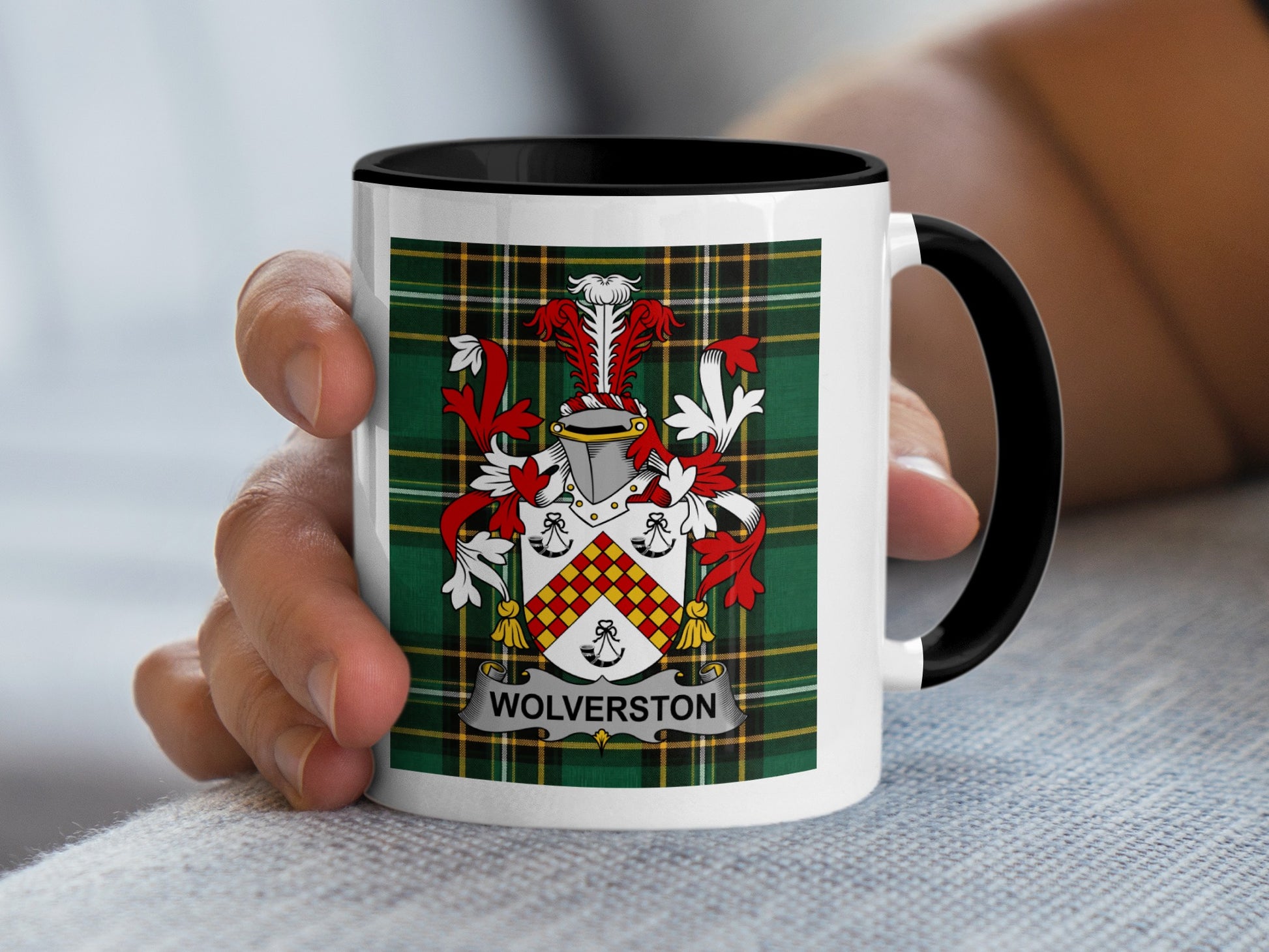 Mug with Wollerston coat of arms on plaid background.