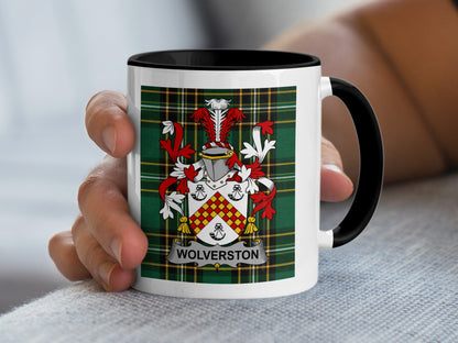 Mug with Wollerston coat of arms on plaid background.