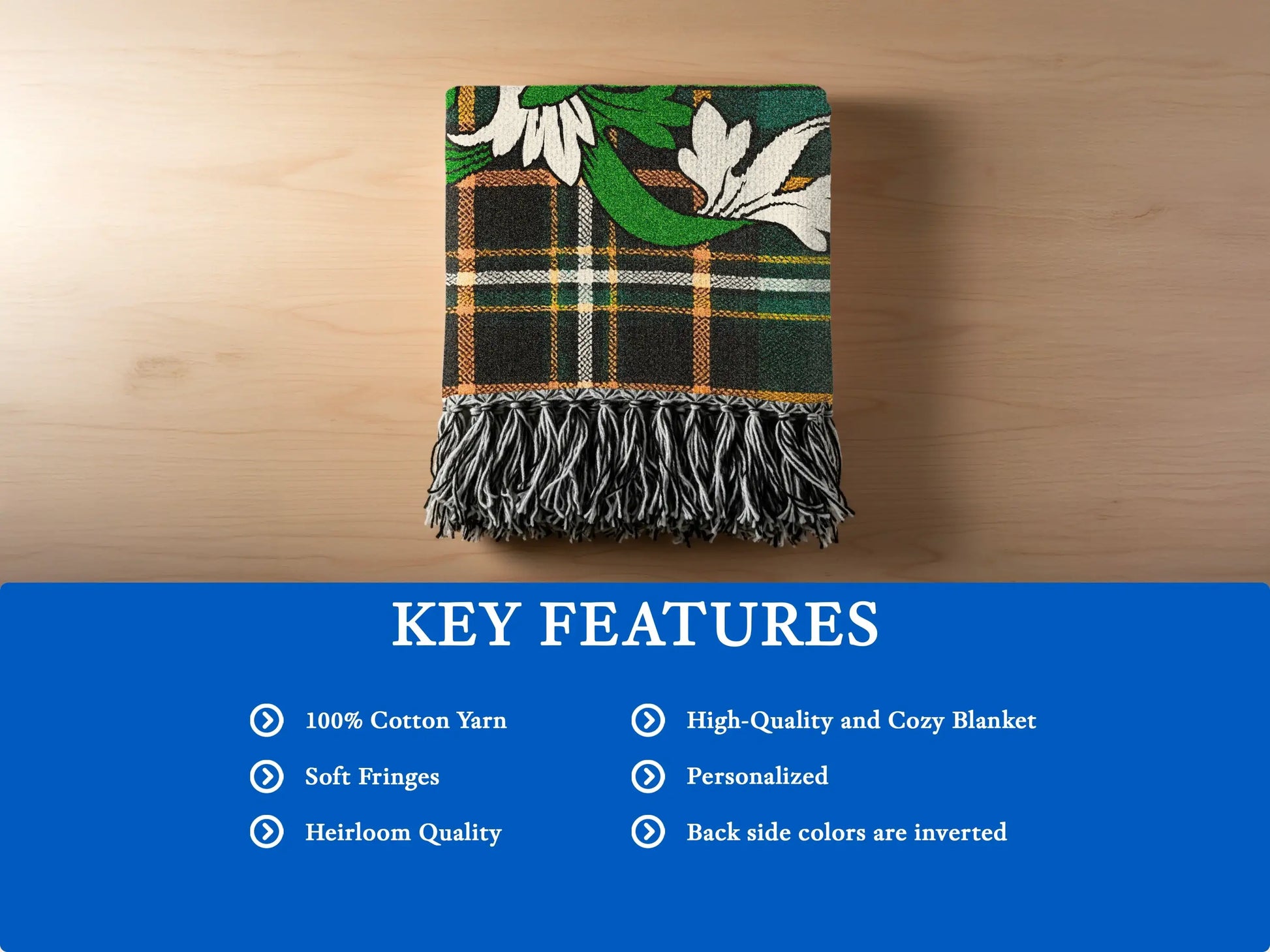 Tartan blanket with white floral accents and fringe, featuring key features list.