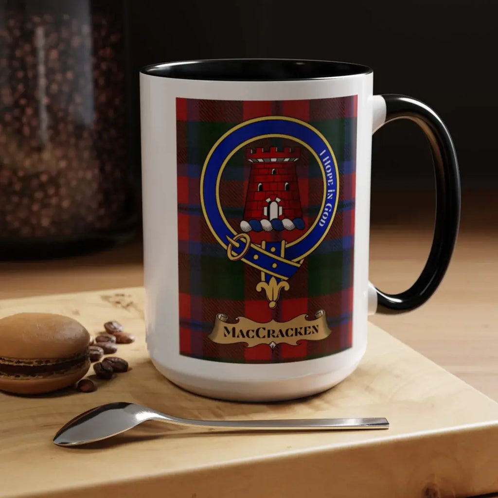 Close-up of the MacCracken clan crest printed on a ceramic mug