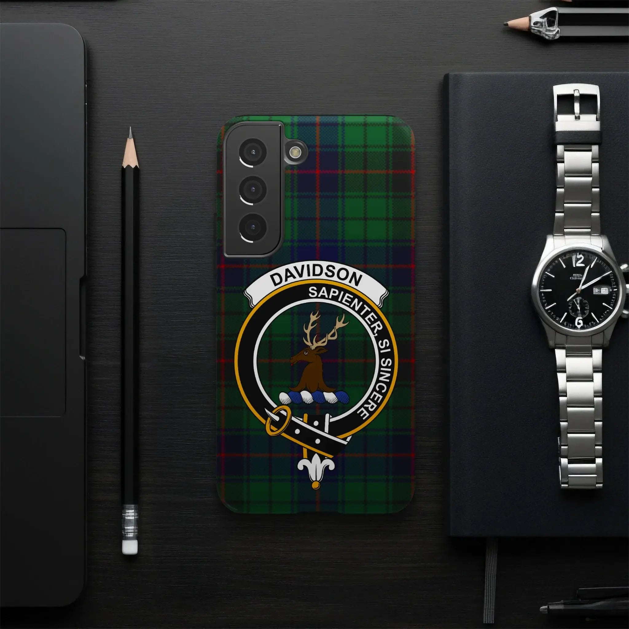 Davidson clan crest tartan phone case accessory — glossy impact-resistant shell with precise cutouts
