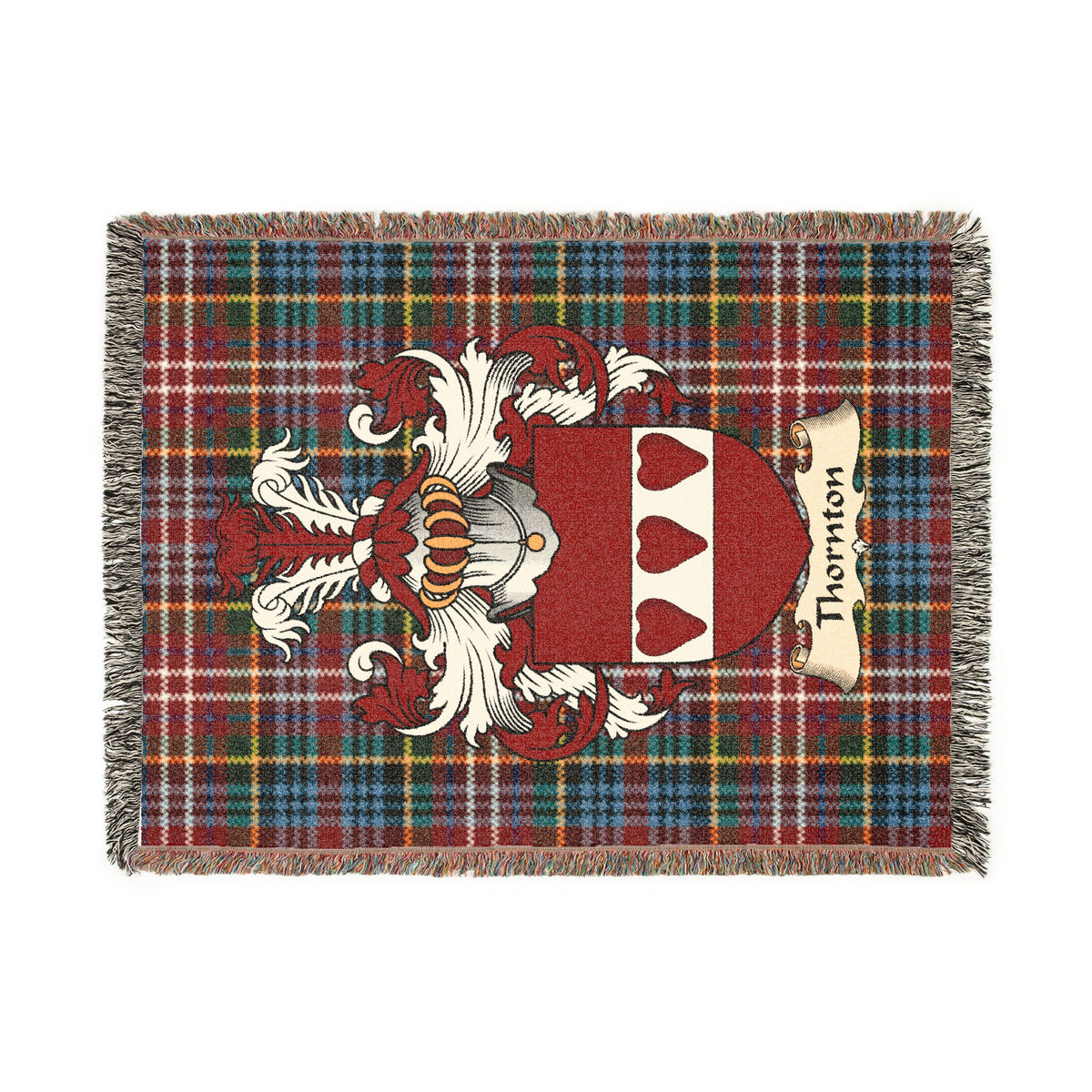 Thornton Scottish woven blanket with family shield and Caledonia tartan background