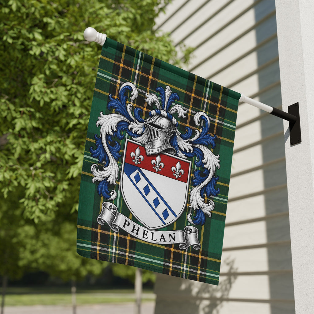 Phelan Irish National Tartan family crest garden flag displayed outdoors