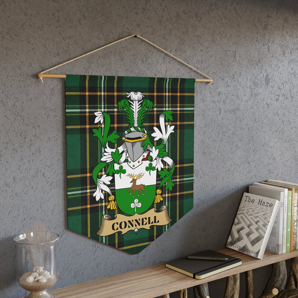 Connell family crest displayed on green tartan banner with a deer and shield.