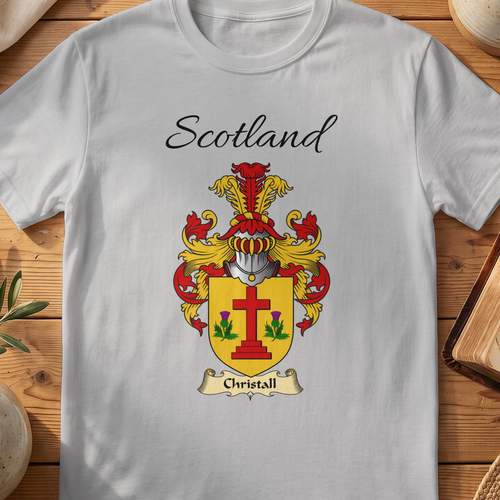 Sport Grey Christall Scottish family shield T-shirt featuring a red cross between green sprigs on gold
