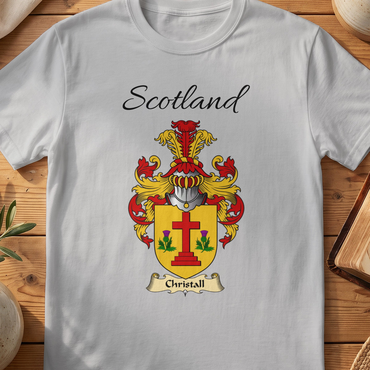 Sport Grey Christall Scottish family shield T-shirt featuring a red cross between green sprigs on gold