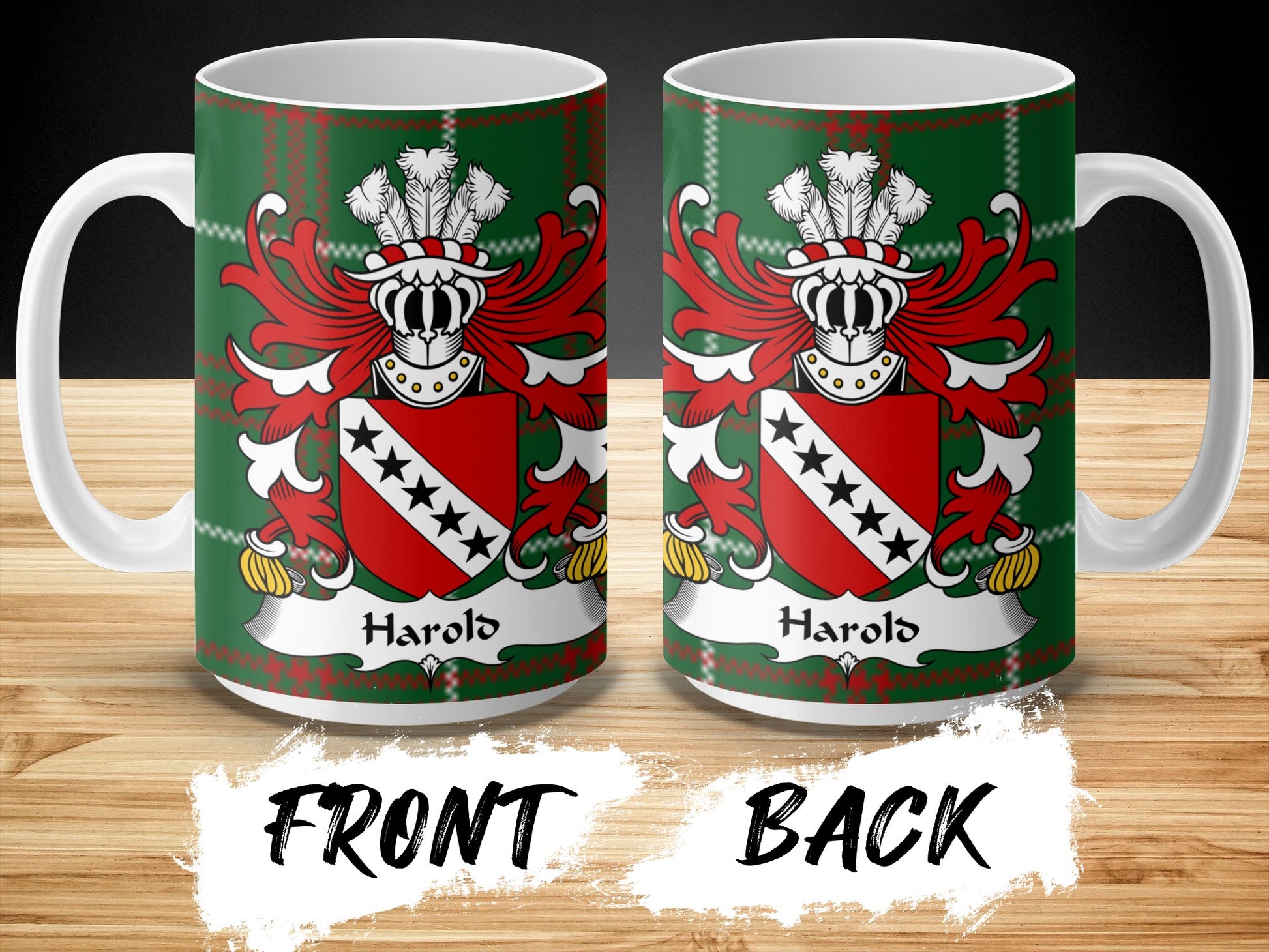 Harold Welsh Surname Coat of Arms on Tartan Background Mug - Living Stone Gifts