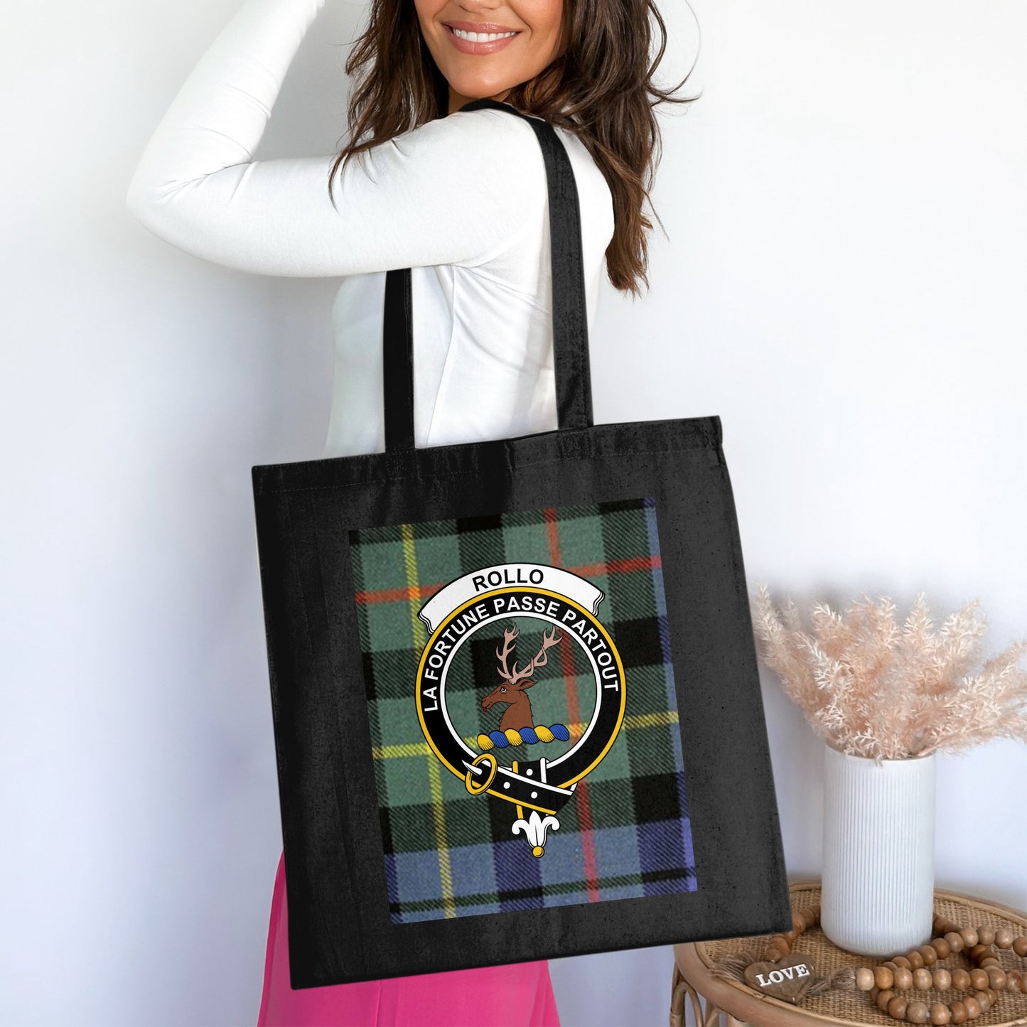 Scottish Clan Rollo Tartan Crest Design Tote Bag - Living Stone Gifts