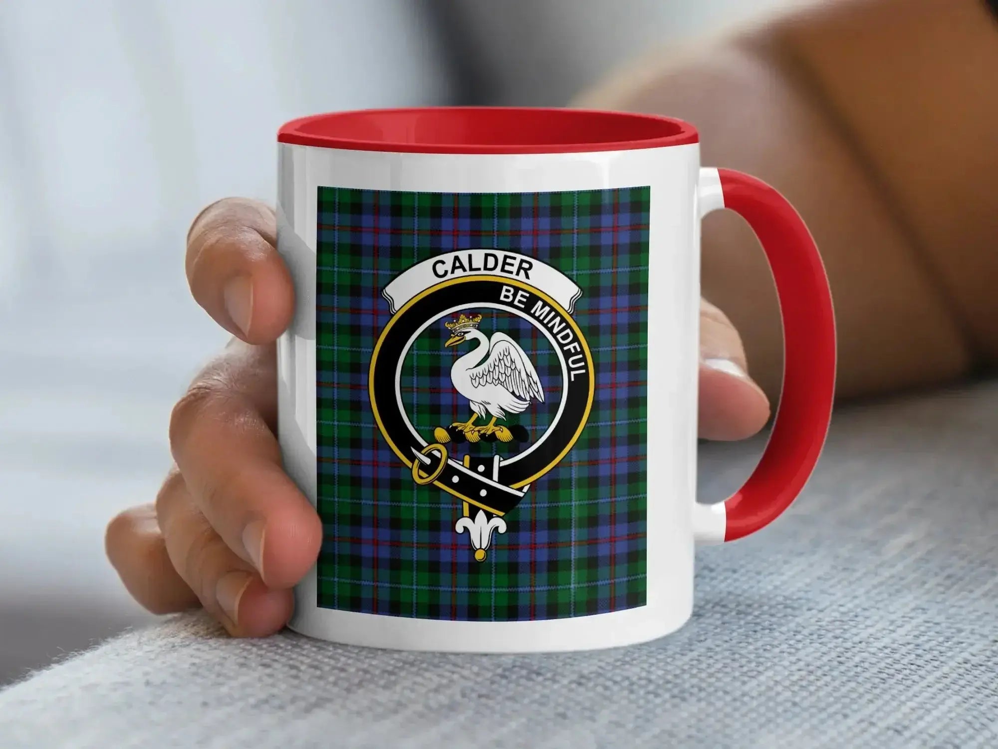 Calder clan tartan accent mug — navy handle, glossy ceramic 11 oz