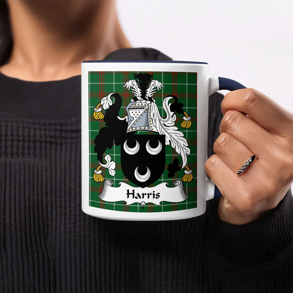 Harris Welsh ancestry gift mug with green tartan and family name displayed on crest