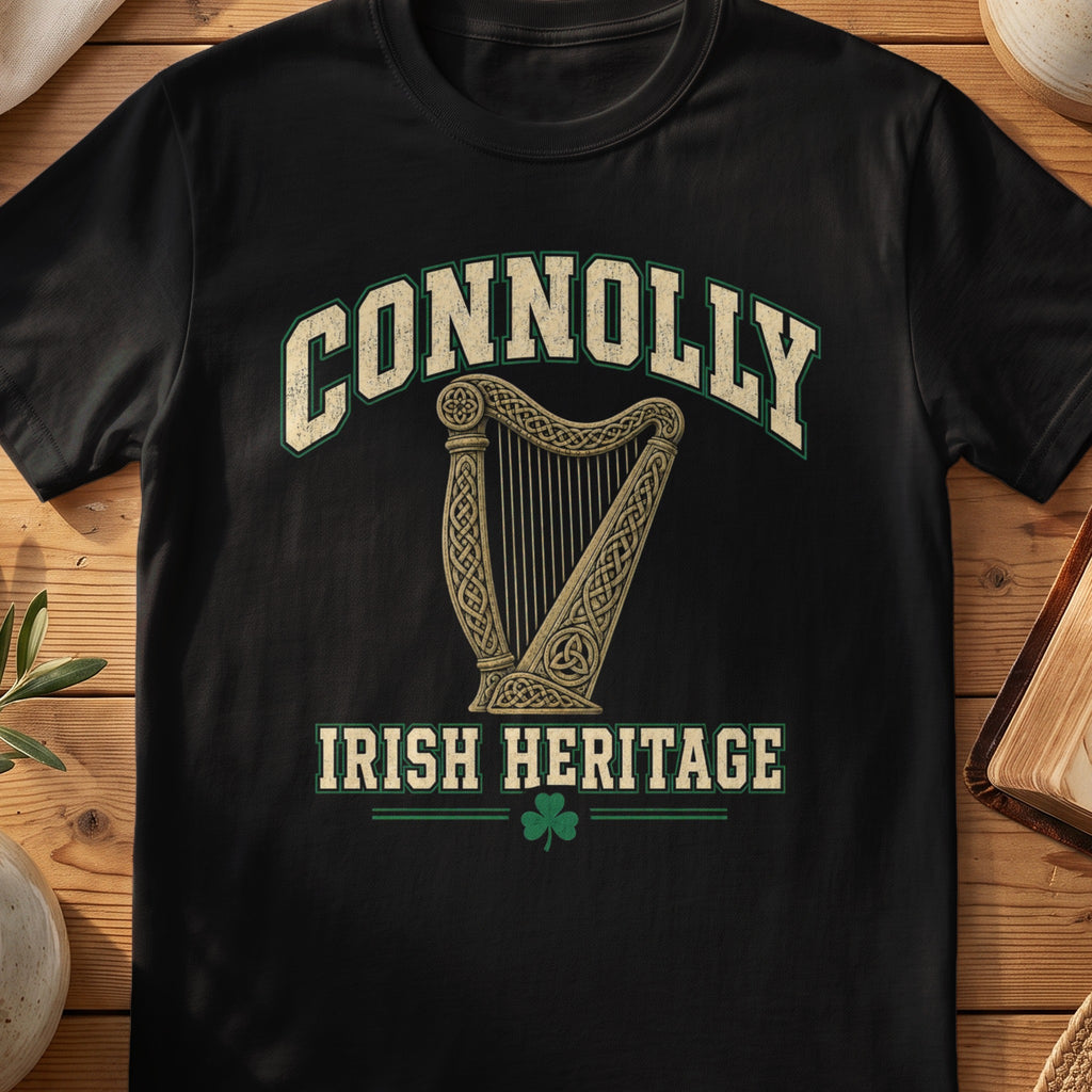 Connolly Irish Heritage black Gildan 64000 T-shirt with Celtic harp design