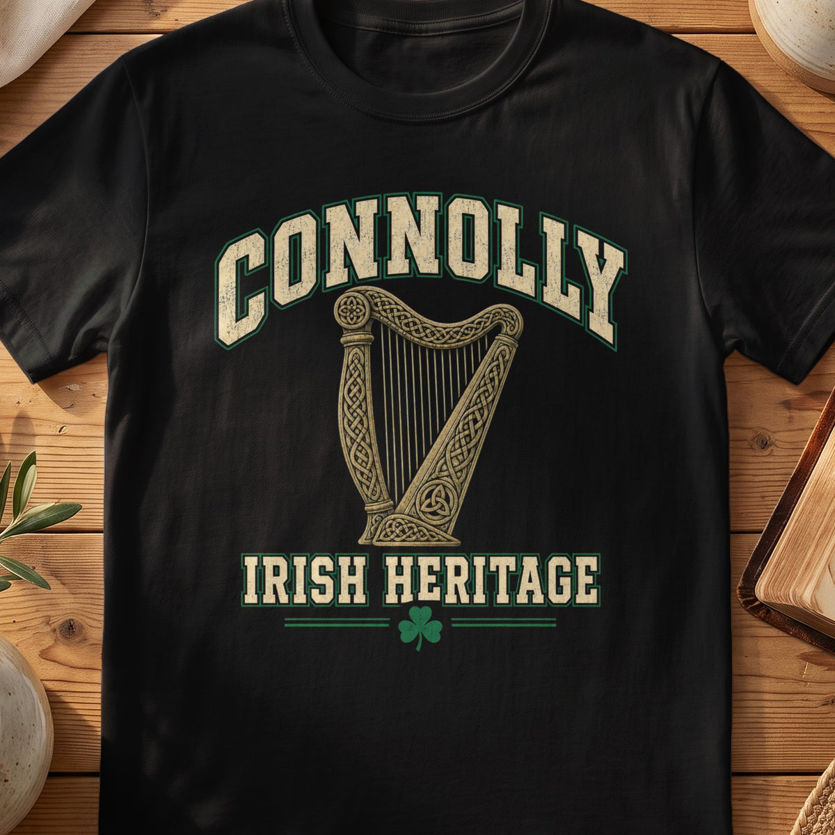 Connolly Irish Heritage black Gildan 64000 T-shirt with Celtic harp design